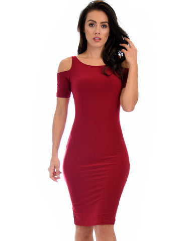 Lyss Loo Love Me Completely Cold Shoulder Burgundy Bodycon Midi Dress - Clothing Showroom
