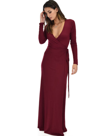 Lyss Loo Celestial Long Sleeve Burgundy Wrap Maxi Dress - Clothing Showroom