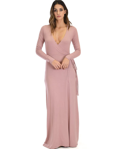 Lyss Loo Celestial Long Sleeve Mauve Wrap Maxi Dress - Clothing Showroom