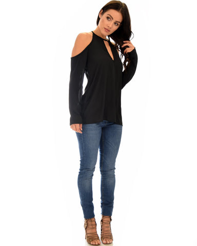 Lyss Loo Melt My Heart Cold Shoulder Black Blouse Top - Clothing Showroom