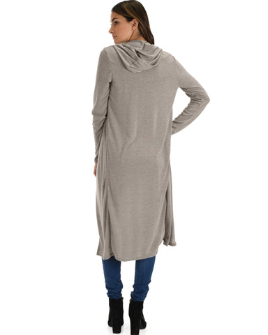 Lyss Loo Cover Me Up Long-line Taupe Hooded Cardigan - Clothing Showroom