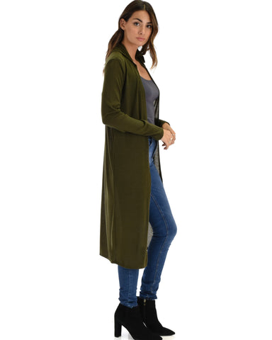 Lyss Loo Cover Me Up Long-line Olive Hooded Cardigan - Clothing Showroom
