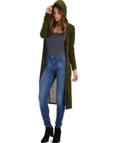 Lyss Loo Cover Me Up Long-line Olive Hooded Cardigan - Clothing Showroom