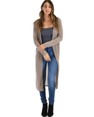 Lyss Loo Cover Me Up Long-line Taupe Hooded Cardigan - Clothing Showroom