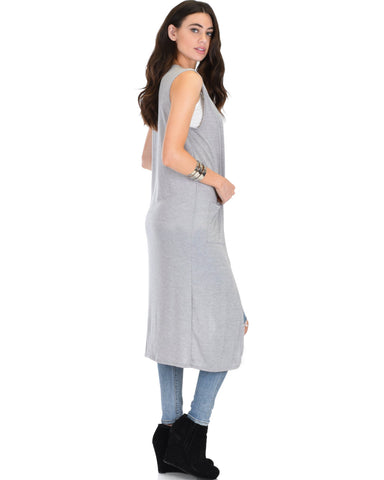 Lyss Loo Cover Me Up Long-line Grey Cardigan Vest With Pockets - Clothing Showroom