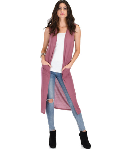 Lyss Loo Cover Me Up Long-line Marsala Cardigan Vest With Pockets - Clothing Showroom