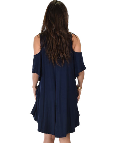 Lyss Loo Sun Kissed Cold Shoulder Draped Navy Tunic Dress - Clothing Showroom