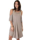 Lyss Loo Sun Kissed Cold Shoulder Draped Taupe Tunic Dress - Clothing Showroom
