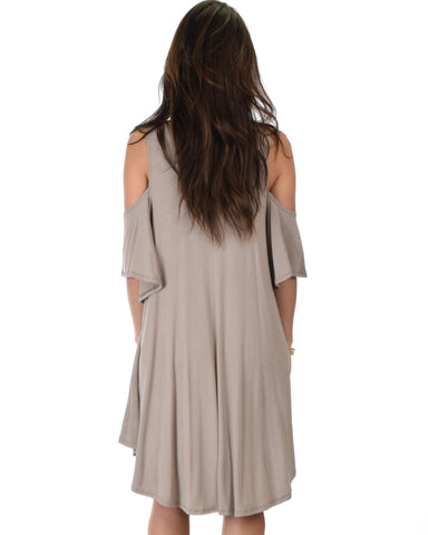 Lyss Loo Sun Kissed Cold Shoulder Draped Taupe Tunic Dress - Clothing Showroom