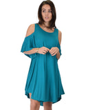 Lyss Loo Sun Kissed Cold Shoulder Draped Teal Tunic Dress - Clothing Showroom