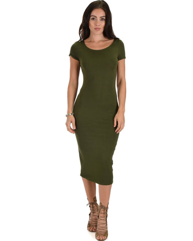 Lyss Loo Along The Lines Bodycon Olive Midi Dress - Clothing Showroom