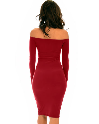 Lyss Loo Bold Move Off The Shoulder Bodycon Burgundy Midi Dress - Clothing Showroom