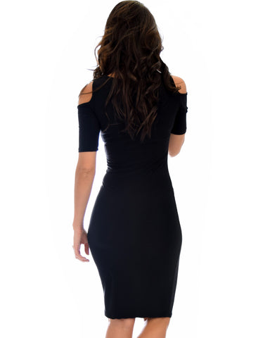 Lyss Loo Love Me Completely Cold Shoulder Black Bodycon Midi Dress - Clothing Showroom