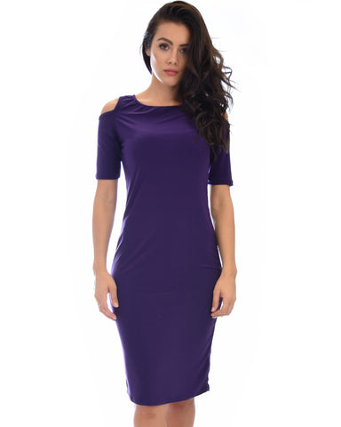 Lyss Loo Love Me Completely Cold Shoulder Purple Bodycon Midi Dress - Clothing Showroom