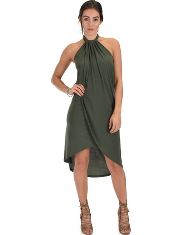 Lyss Loo Wrap Star Halter Olive Midi Wrap Dress - Clothing Showroom