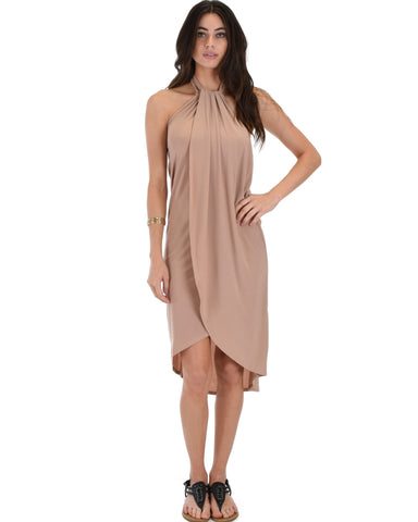 Lyss Loo Wrap Star Halter Taupe Midi Wrap Dress - Clothing Showroom
