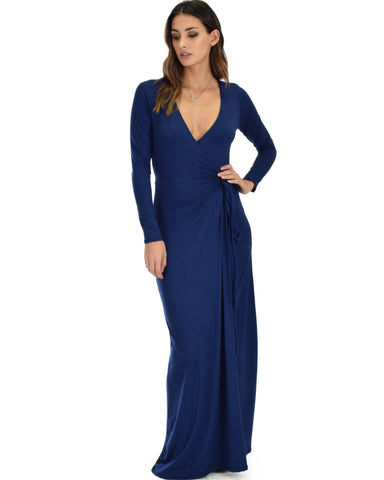 Lyss Loo Celestial Long Sleeve Navy Wrap Maxi Dress - Clothing Showroom