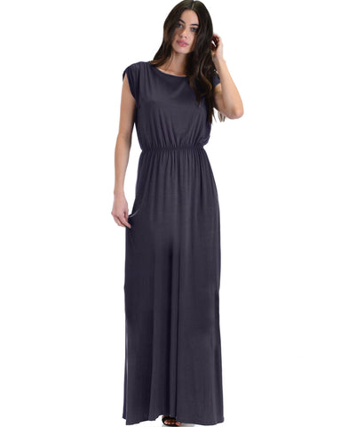 Lyss Loo Timeless Charcoal Maxi Dress With Elastic Waist & Side Slit - Clothing Showroom
