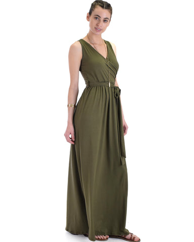Lyss Loo All Mine Sleeveless Crossover Olive Wrap Maxi Dress - Clothing Showroom