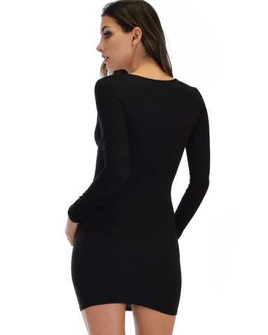 Lyss Loo Heart's Content Long Sleeve Cross Straps Black Bodycon Dress - Clothing Showroom