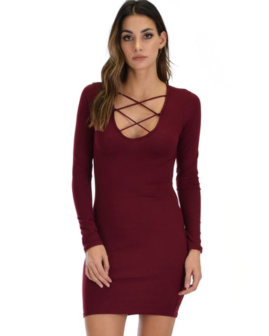 Lyss Loo Heart's Content Long Sleeve Cross Straps Burgundy Bodycon Dress - Clothing Showroom