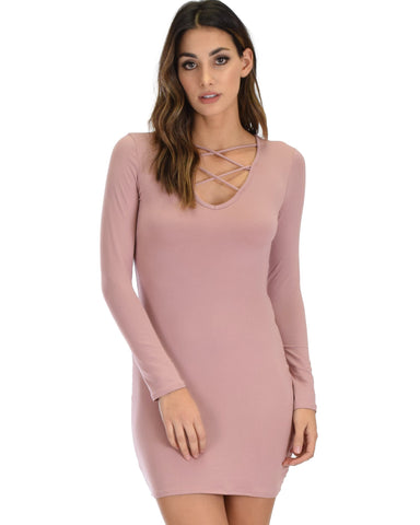 Lyss Loo Heart's Content Long Sleeve Cross Straps Mauve Bodycon Dress - Clothing Showroom
