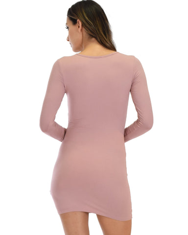 Lyss Loo Heart's Content Long Sleeve Cross Straps Mauve Bodycon Dress - Clothing Showroom
