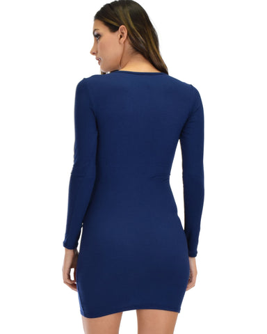 Lyss Loo Heart's Content Long Sleeve Cross Straps Navy Bodycon Dress - Clothing Showroom