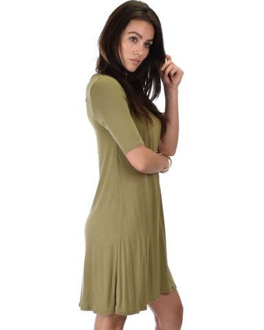 Lyss Loo Reporting For Cutie 3/4 Sleeve Olive T-Shirt Tunic Dress - Clothing Showroom