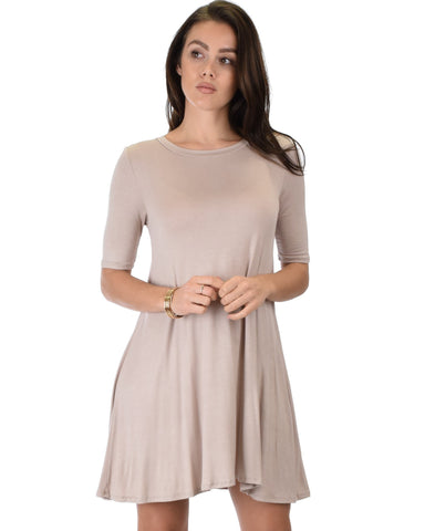 Lyss Loo Reporting For Cutie 3/4 Sleeve Taupe T-Shirt Tunic Dress - Clothing Showroom