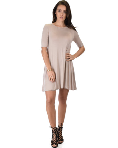 Lyss Loo Reporting For Cutie 3/4 Sleeve Taupe T-Shirt Tunic Dress - Clothing Showroom