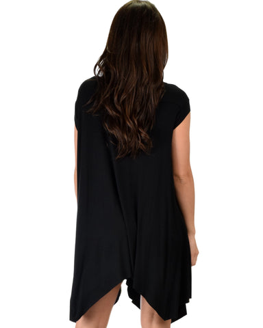 Lyss Loo Raw Edge Draped Black T-Shirt Dress - Clothing Showroom