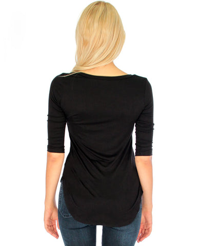 Lyss Loo Truly Madly Deep-V Neck 3/4 Sleeve Black Tunic Top - Clothing Showroom