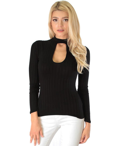 Lyss Loo Glamorous Ribbed Black Long Sleeve Cut-Out Top - Clothing Showroom