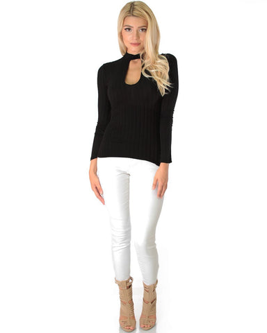 Lyss Loo Glamorous Ribbed Black Long Sleeve Cut-Out Top - Clothing Showroom