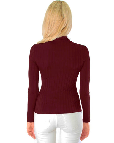 Lyss Loo Glamorous Ribbed Burgundy Long Sleeve Cut-Out Top - Clothing Showroom