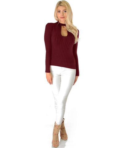Lyss Loo Glamorous Ribbed Burgundy Long Sleeve Cut-Out Top - Clothing Showroom