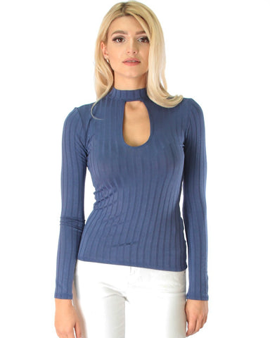Lyss Loo Glamorous Ribbed Blue Long Sleeve Cut-Out Top - Clothing Showroom