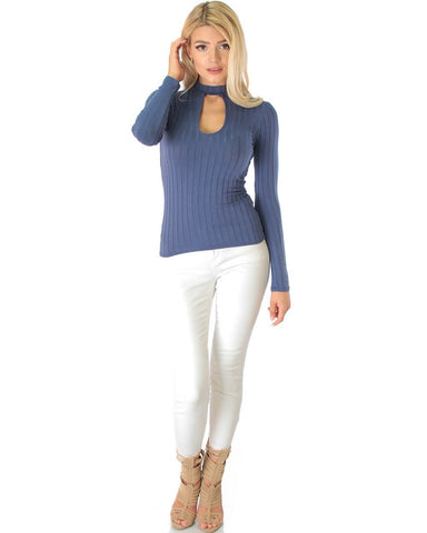 Lyss Loo Glamorous Ribbed Blue Long Sleeve Cut-Out Top - Clothing Showroom
