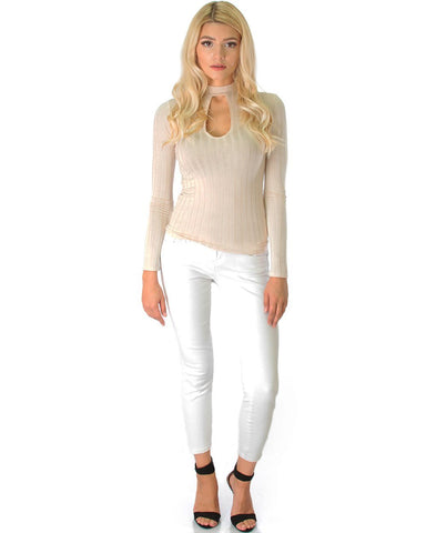 Lyss Loo Glamorous Ribbed Taupe Long Sleeve Cut-Out Top - Clothing Showroom