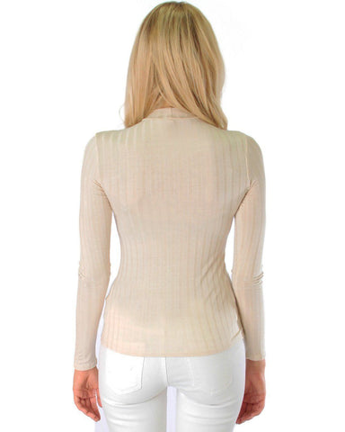 Lyss Loo Glamorous Ribbed Taupe Long Sleeve Cut-Out Top - Clothing Showroom