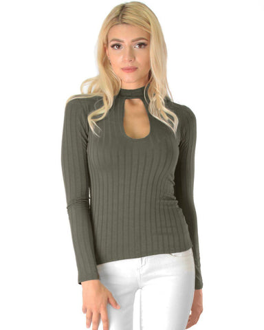 Lyss Loo Glamorous Ribbed Brown Long Sleeve Cut-Out Top - Clothing Showroom