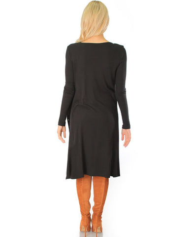Lyss Loo Versatile Long Button-Up Ribbed Black Cardigan Dress - Clothing Showroom