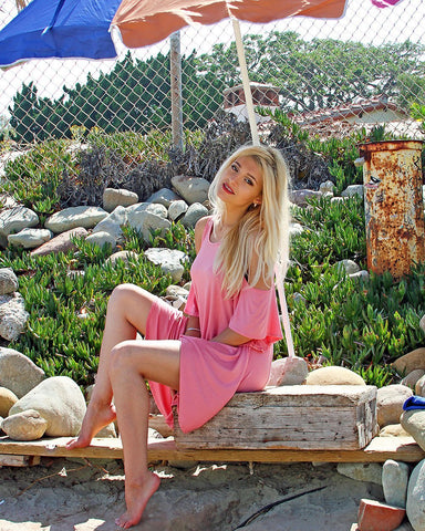 Lyss Loo Sun Kissed Cold Shoulder Draped Pink Tunic Dress - Clothing Showroom