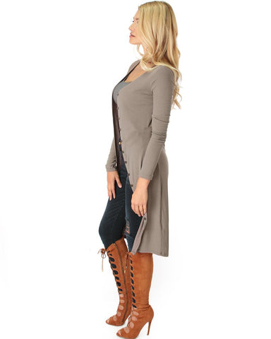 Lyss Loo Versatile Long Button-Up Ribbed Taupe Cardigan Dress - Clothing Showroom