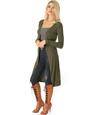 Lyss Loo Versatile Long Button-Up Ribbed Olive Cardigan Dress - Clothing Showroom