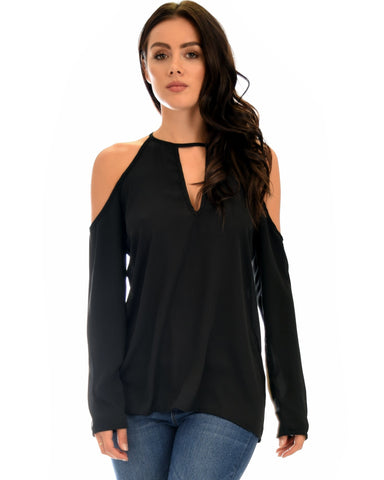 Lyss Loo Melt My Heart Cold Shoulder Black Blouse Top - Clothing Showroom