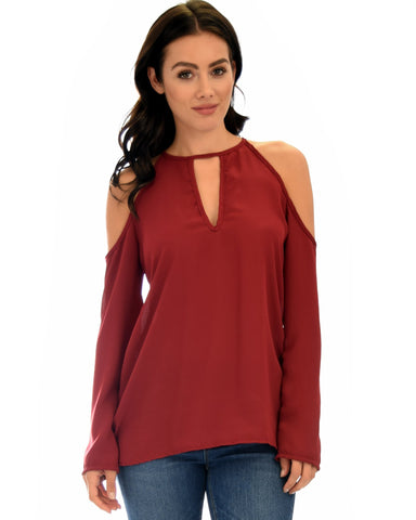 Lyss Loo Melt My Heart Cold Shoulder Burgundy Blouse Top - Clothing Showroom