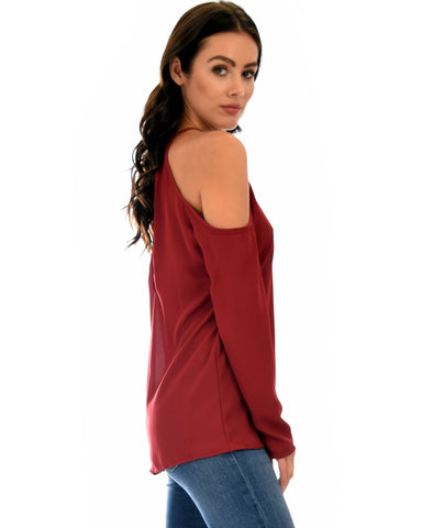Lyss Loo Melt My Heart Cold Shoulder Burgundy Blouse Top - Clothing Showroom