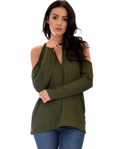 Lyss Loo Melt My Heart Cold Shoulder Olive Blouse Top - Clothing Showroom